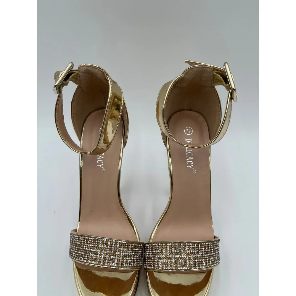 Delicacy Stiletto Heels Platform Sandals Womens 7.5 Gold Rhinestone Ankle Strap